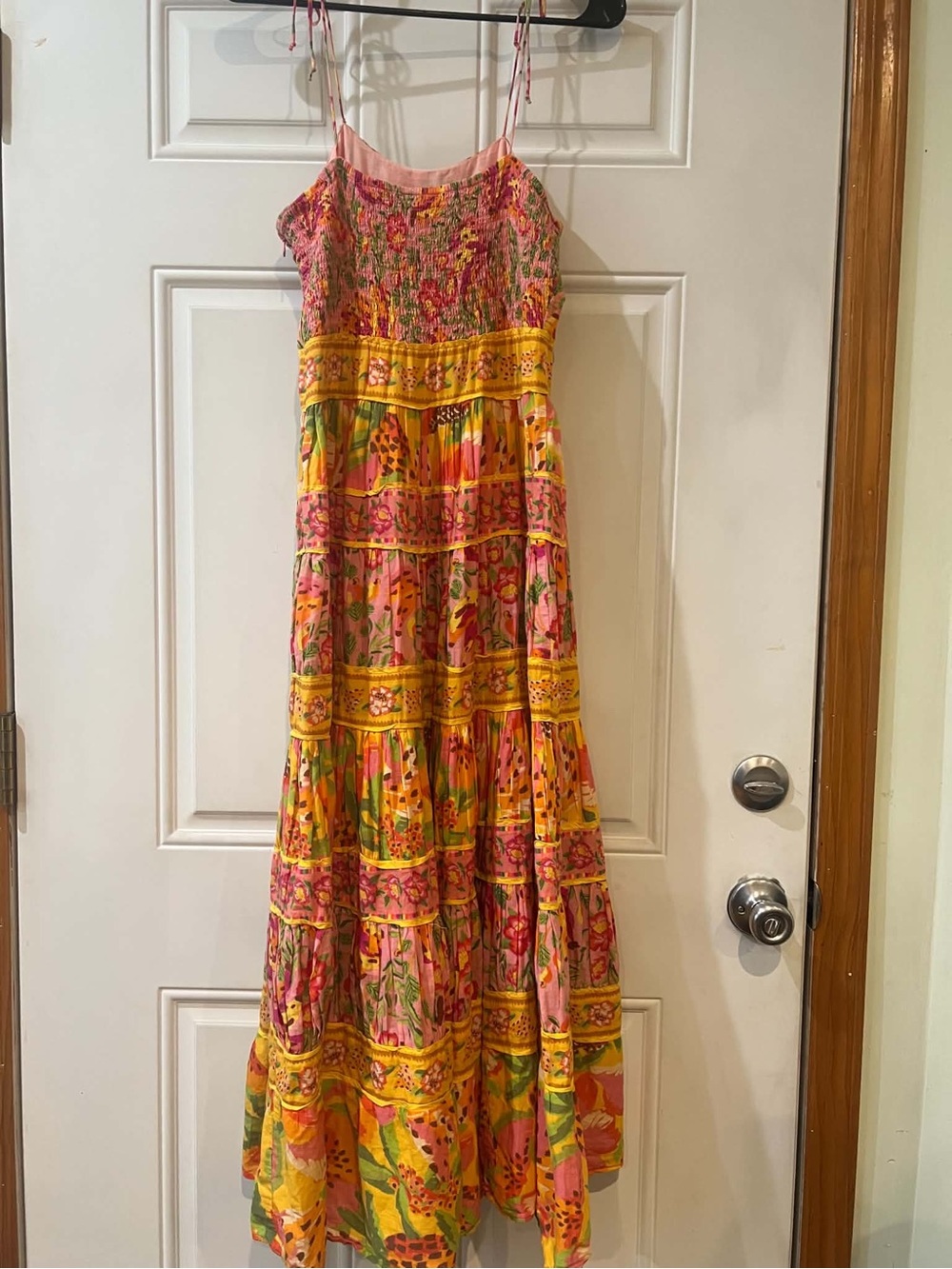 FARM Rio Pink & Yellow Floral Tiered Maxi Dress Size Medium